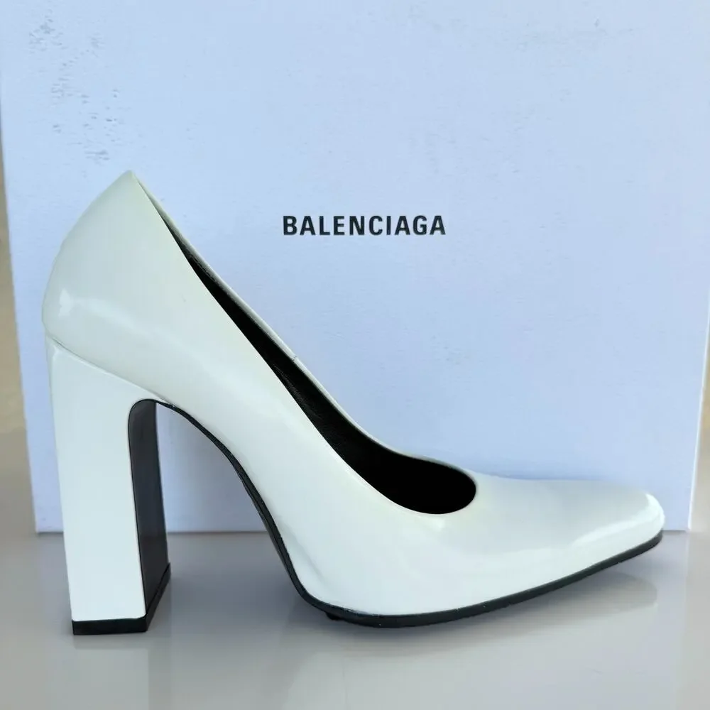 NIB Balenciaga Round 110 White Shiny Patent Leather High Heel Pumps Size 35.5